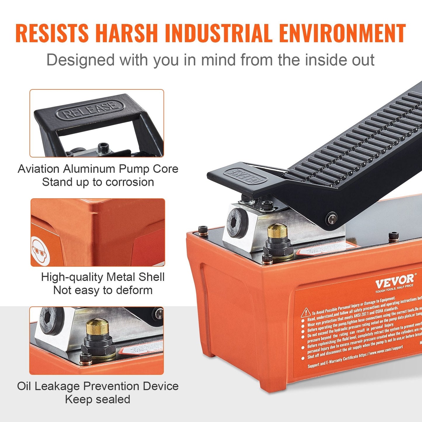 Air Hydraulic Pump, 10,000 PSI, 1/2 Gal, Foot Pedal Control, 6.6 m Pipe, Orange