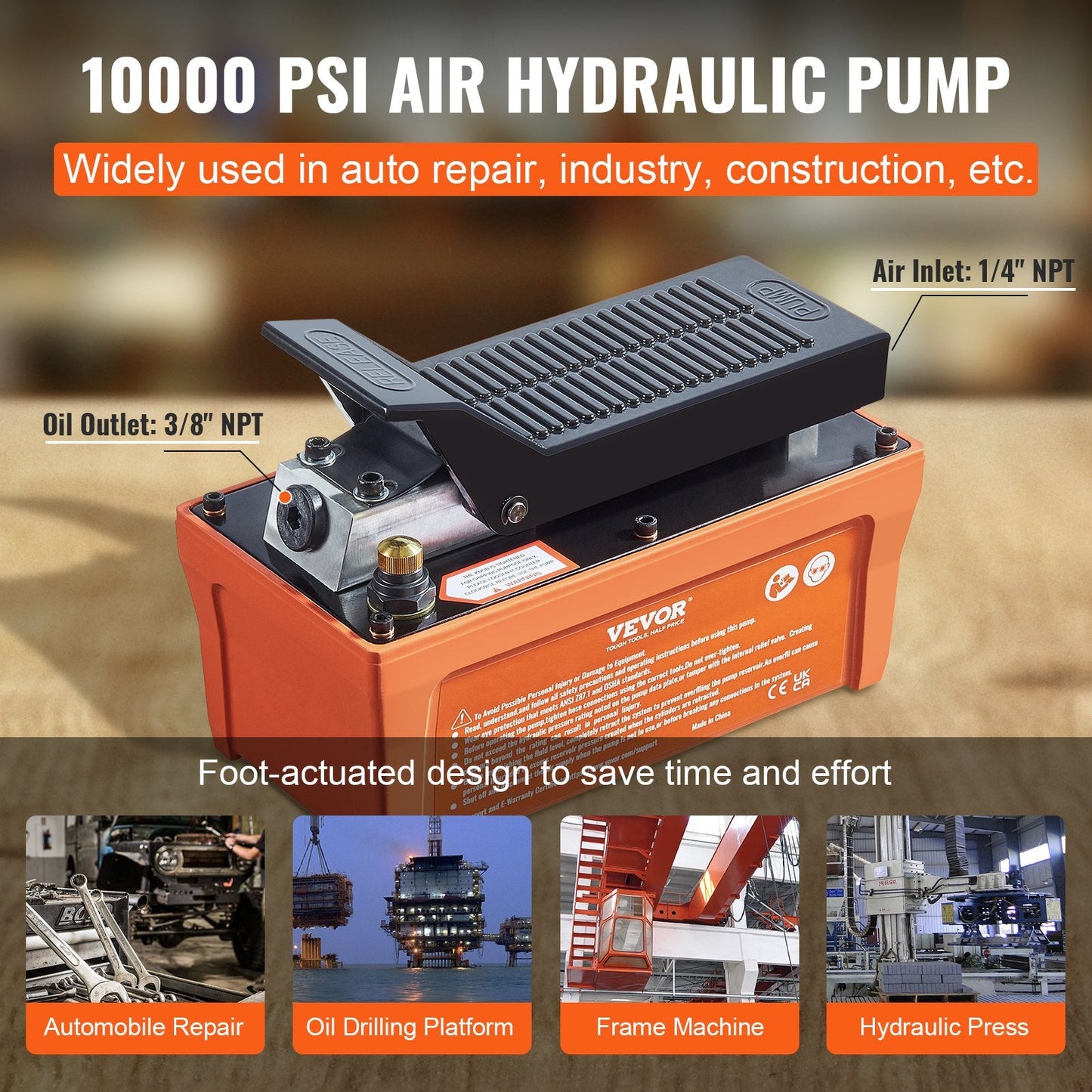 Air Hydraulic Pump, 10,000 PSI, 1/2 Gal, Foot Pedal Control, 6.6 m Pipe, Orange