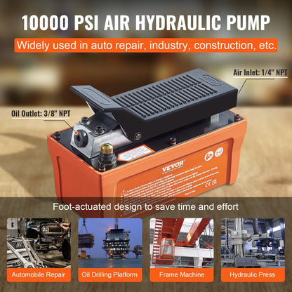Air Hydraulic Pump, 10,000 PSI, 1/2 Gal, Foot Pedal Control, 6.6 m Pipe, Orange
