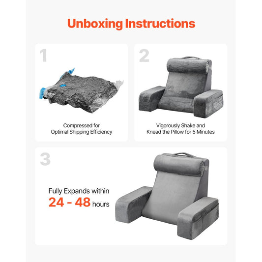 VEVOR Reading Pillow Backrest Support Pillow with Removable & 3 Pockets Headrest