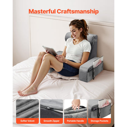 VEVOR Reading Pillow Backrest Support Pillow with Removable & 3 Pockets Headrest