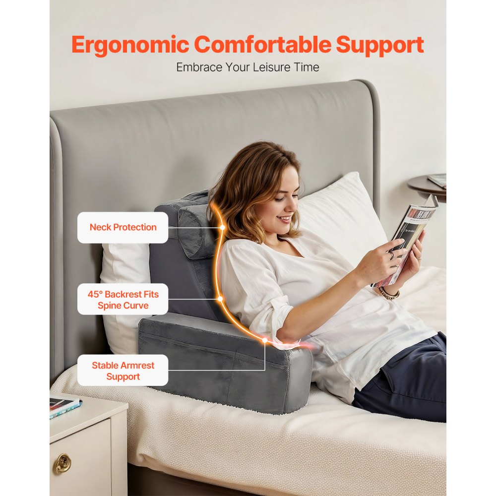 VEVOR Reading Pillow Backrest Support Pillow with Removable & 3 Pockets Headrest