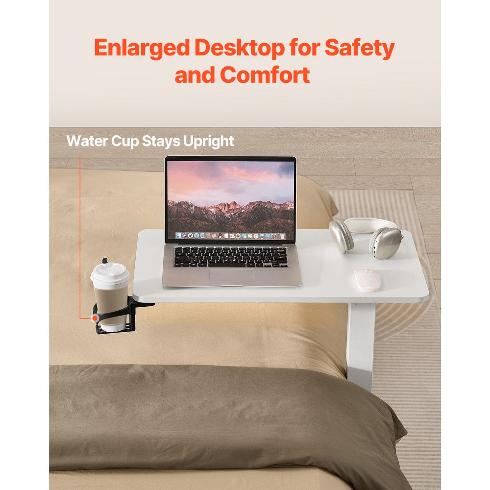 VEVOR Overbed Table Mobile Bed Side Desk with 4 Hidden Wheels Cup Holder White