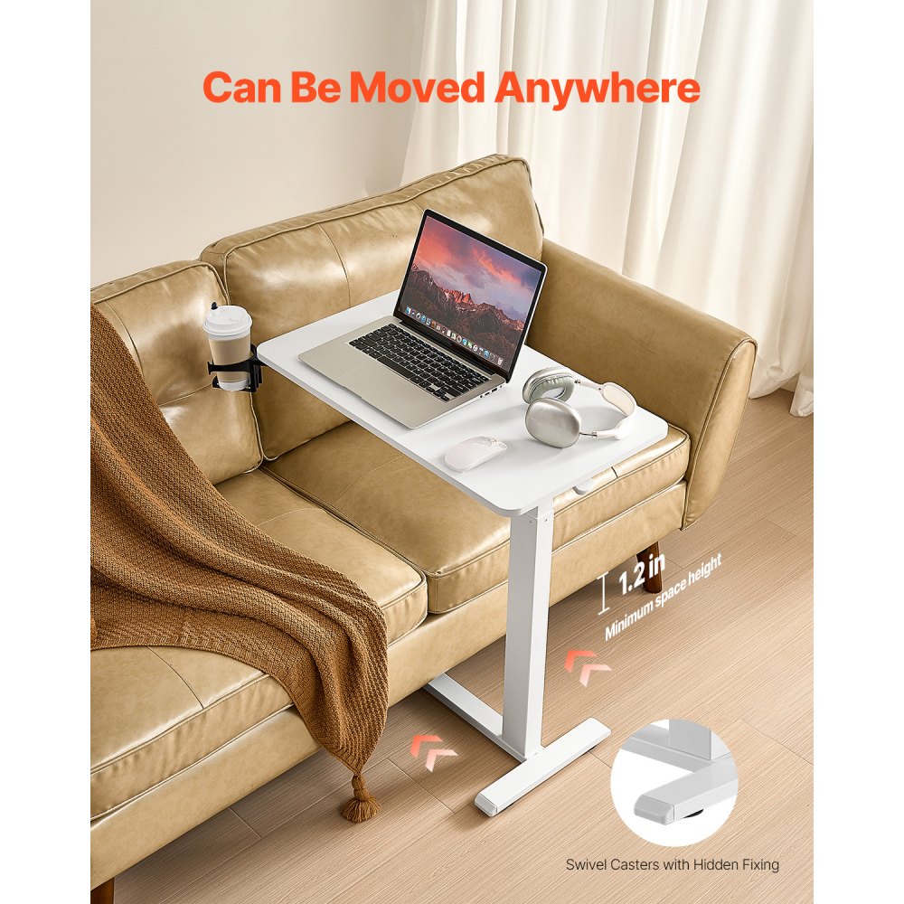 VEVOR Overbed Table Mobile Bed Side Desk with 4 Hidden Wheels Cup Holder White