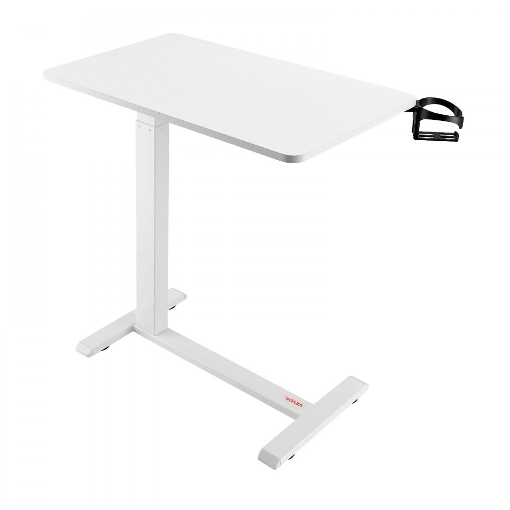 VEVOR Overbed Table Mobile Bed Side Desk with 4 Hidden Wheels Cup Holder White