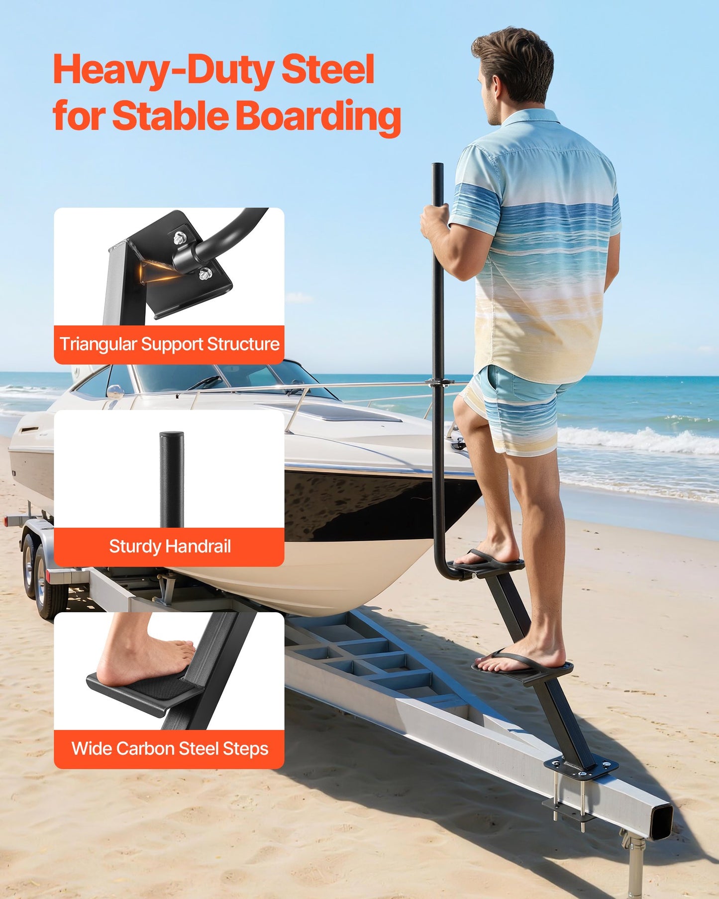 Boat Trailer Steps, 2-Step, Heavy-Duty Boat Trailer Steps with Handle, Non-Slip Surface, 3 Mounting Angle Options, Steel Ladder for 76.2 x 76.2/76.2 x 127/101.6 x 101.6 mm Frame, Bottom Mounting