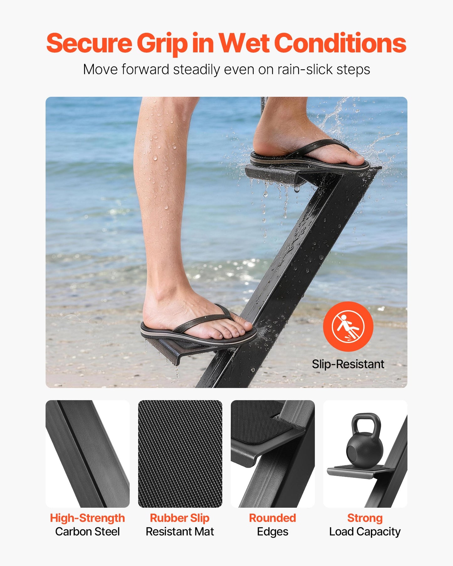 Boat Trailer Steps, 2-Step, Heavy-Duty Boat Trailer Steps with Handle, Non-Slip Surface, 3 Mounting Angle Options, Steel Ladder for 76.2 x 76.2/76.2 x 127/101.6 x 101.6 mm Frame, Bottom Mounting