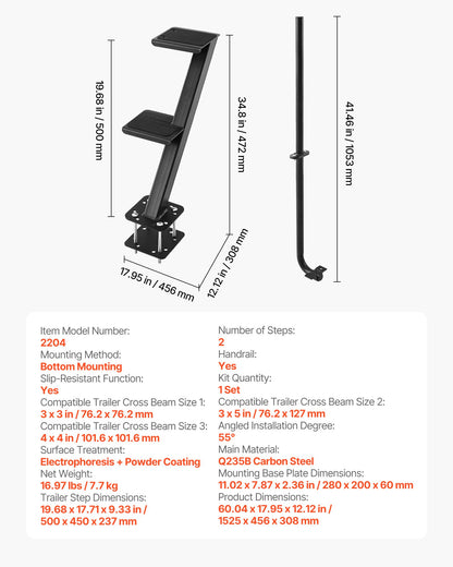 Boat Trailer Steps, 2-Step, Heavy-Duty Boat Trailer Steps with Handle, Non-Slip Surface, 3 Mounting Angle Options, Steel Ladder for 76.2 x 76.2/76.2 x 127/101.6 x 101.6 mm Frame, Bottom Mounting