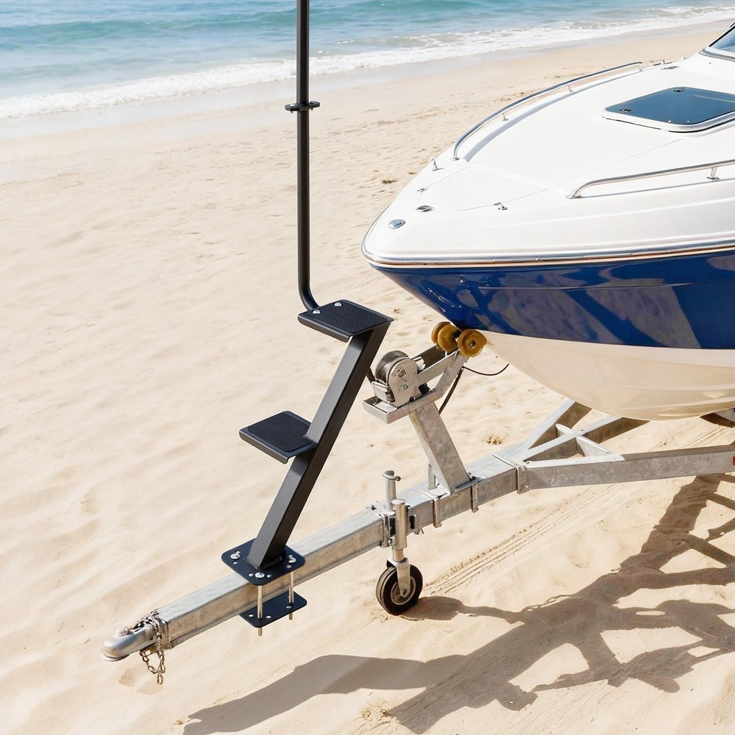 Boat Trailer Steps, 2-Step, Heavy-Duty Boat Trailer Steps with Handle, Non-Slip Surface, 3 Mounting Angle Options, Steel Ladder for 76.2 x 76.2/76.2 x 127/101.6 x 101.6 mm Frame, Bottom Mounting