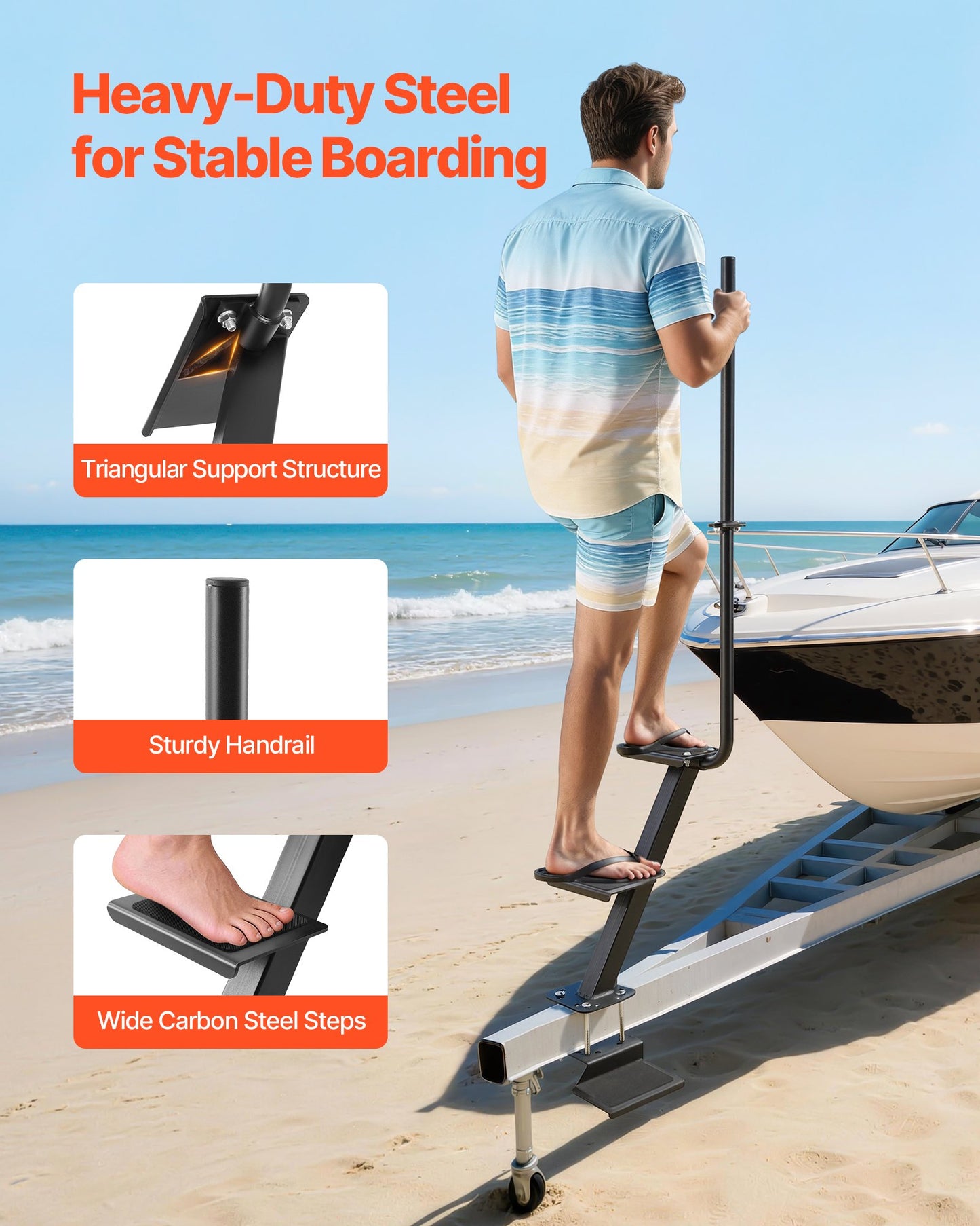Boat Trailer Steps, 3-Step, Heavy-Duty Boat Trailer Steps with Handle, Non-Slip Surface, 3 Mounting Angle Options, Steel Ladder for 76.2 x 76.2/76.2 x 127/101.6 x 101.6 mm Frame, Bottom Mounting