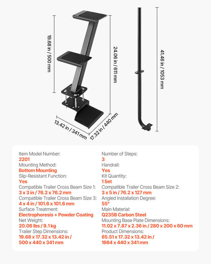 Boat Trailer Steps, 3-Step, Heavy-Duty Boat Trailer Steps with Handle, Non-Slip Surface, 3 Mounting Angle Options, Steel Ladder for 76.2 x 76.2/76.2 x 127/101.6 x 101.6 mm Frame, Bottom Mounting