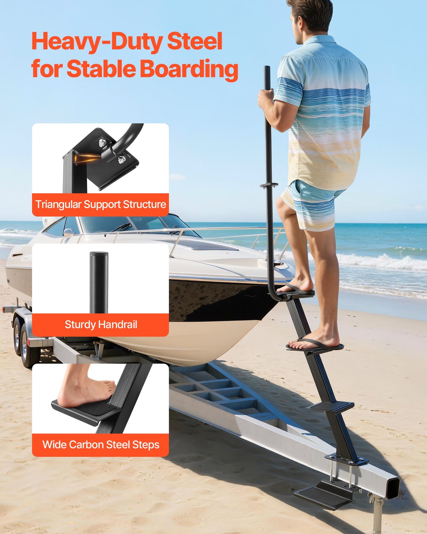 Boat Trailer Steps, 4-Step, Heavy-Duty Boat Trailer Steps with Handle, Non-Slip Surface, 3 Mounting Angle Options, Steel Ladder for 76.2 x 76.2/76.2 x 127/101.6 x 101.6 mm Frame, Bottom Mounting