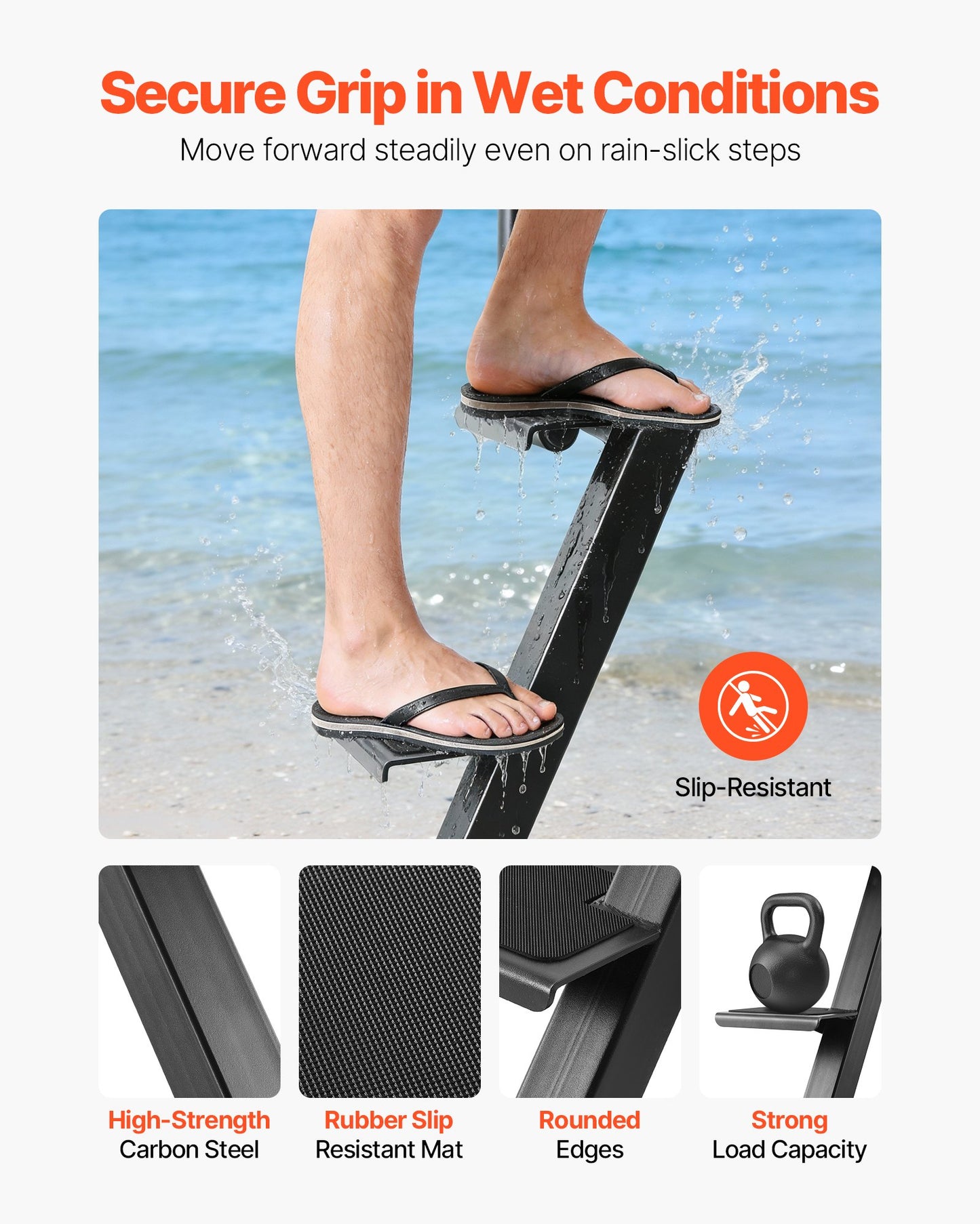 Boat Trailer Steps, 4-Step, Heavy-Duty Boat Trailer Steps with Handle, Non-Slip Surface, 3 Mounting Angle Options, Steel Ladder for 76.2 x 76.2/76.2 x 127/101.6 x 101.6 mm Frame, Bottom Mounting