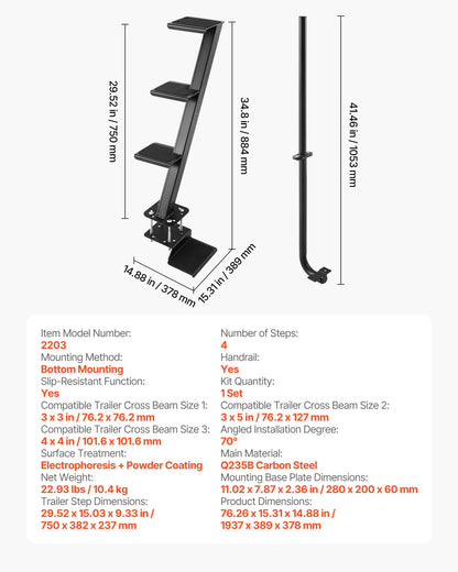 Boat Trailer Steps, 4-Step, Heavy-Duty Boat Trailer Steps with Handle, Non-Slip Surface, 3 Mounting Angle Options, Steel Ladder for 76.2 x 76.2/76.2 x 127/101.6 x 101.6 mm Frame, Bottom Mounting
