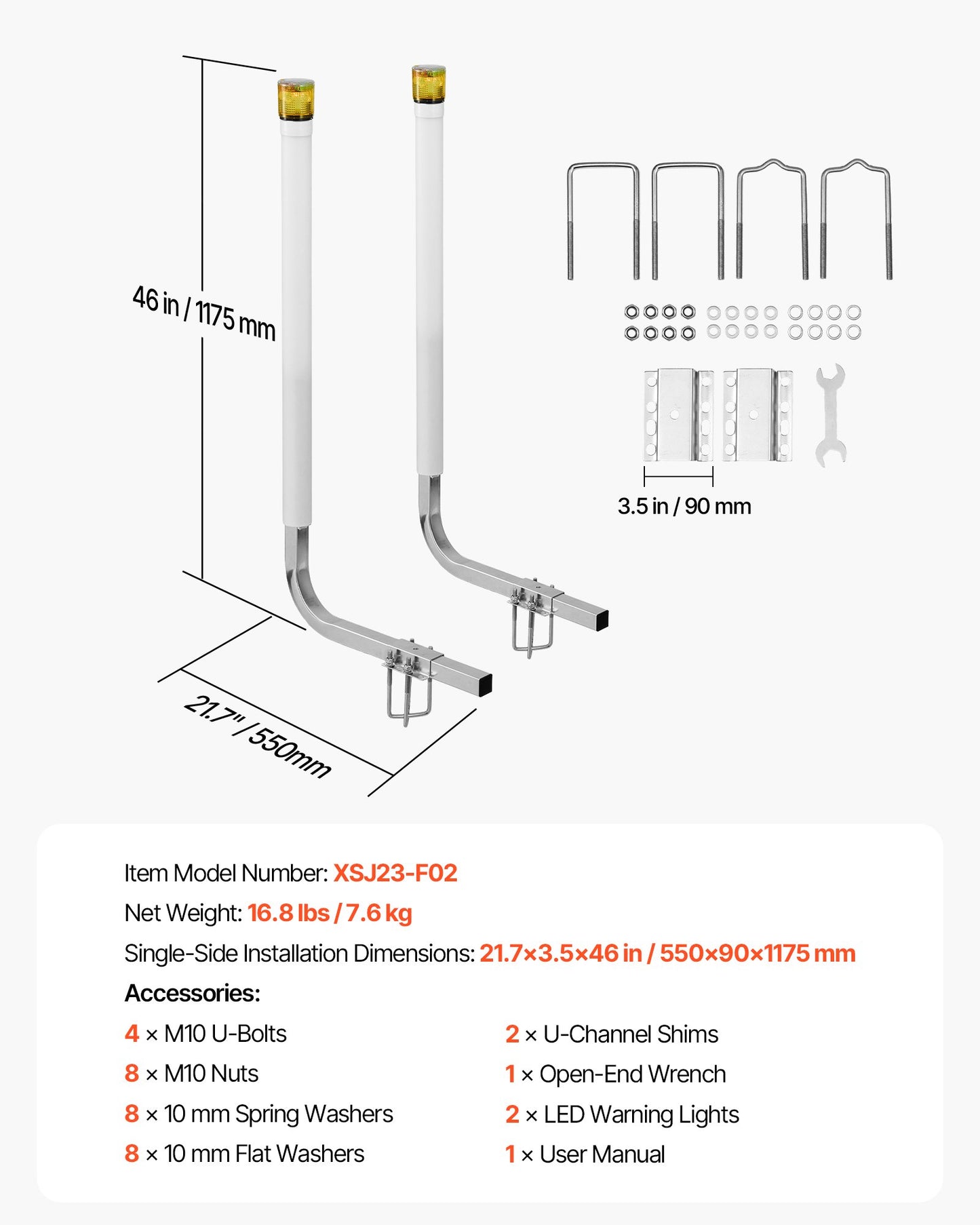 Boat Trailer Guide, 1175mm with LED Light Trailer Guide Poles, 2PCS High-Hardness Steel Guide-Ons, Wide Adjustable Trailers Guides with PVC Pipes, for Ski Boat, Fishing Boat or Sailboat Trailers