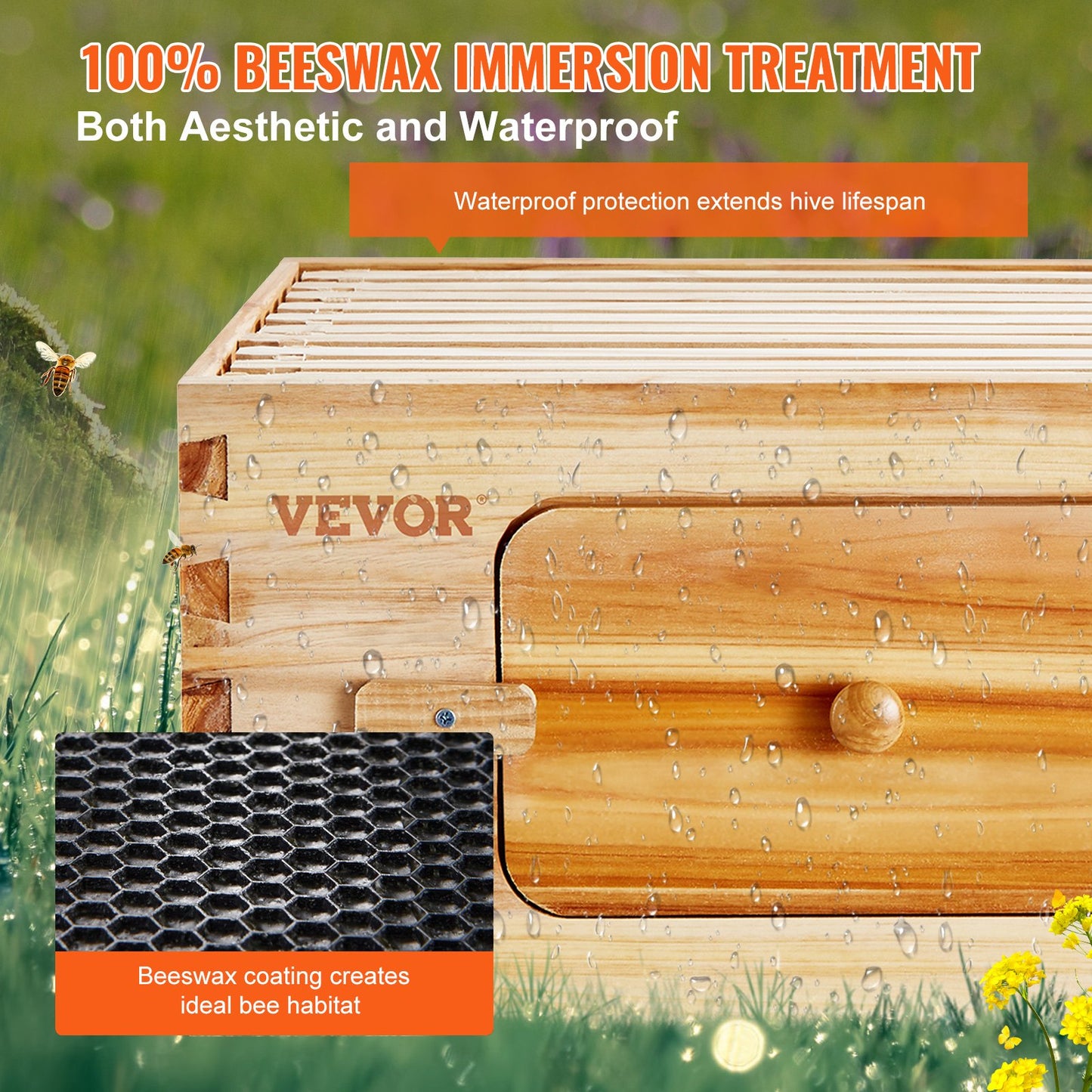 VEVOR Bee Hive Deep Box Starter Kit, 100% Beeswax Coated Natural Cedar Wood, Langstroth