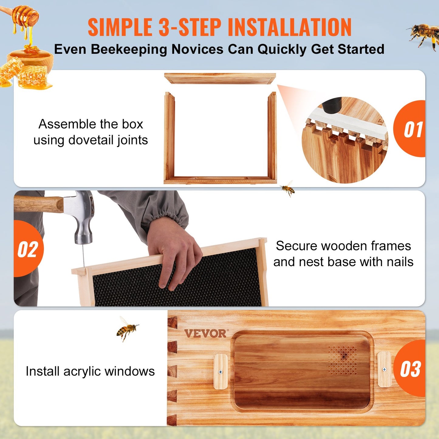 VEVOR Bee Hive Deep Box Starter Kit, 100% Beeswax Coated Natural Cedar Wood, Langstroth