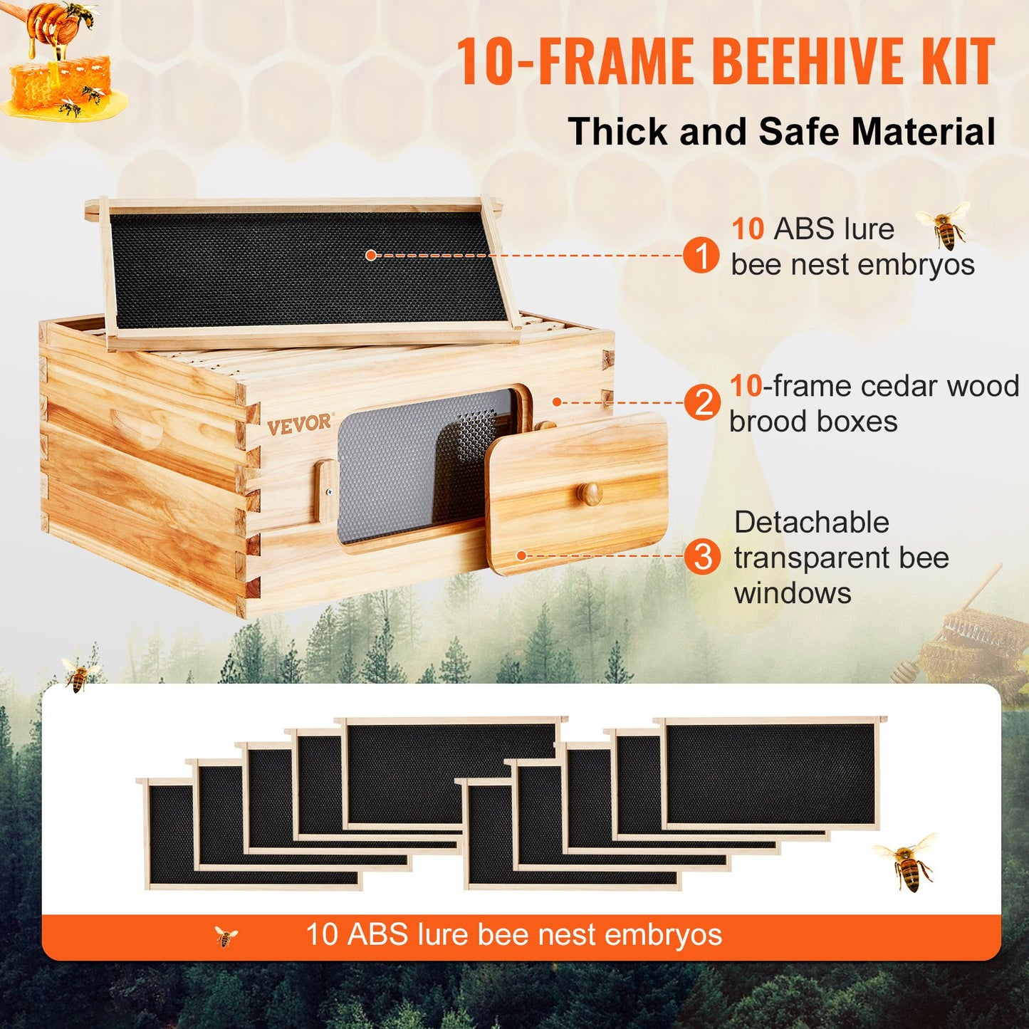 VEVOR Bee Hive Deep Box Starter Kit, 100% Beeswax Coated Natural Cedar Wood, Langstroth