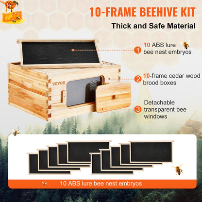 VEVOR Bee Hive Deep Box Starter Kit, 100% Beeswax Coated Natural Cedar Wood, Langstroth