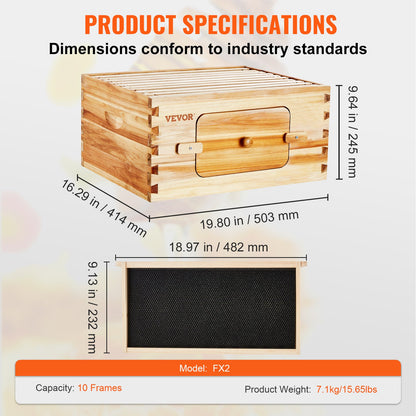 VEVOR Bee Hive Deep Box Starter Kit, 100% Beeswax Coated Natural Cedar Wood, Langstroth