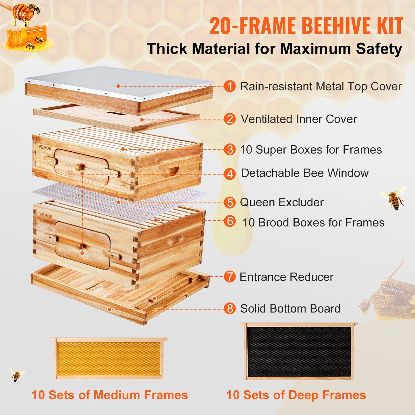 Cedar Wood Beehive Kit with 20 Frames, Wax Coated, for Beginners & Pros