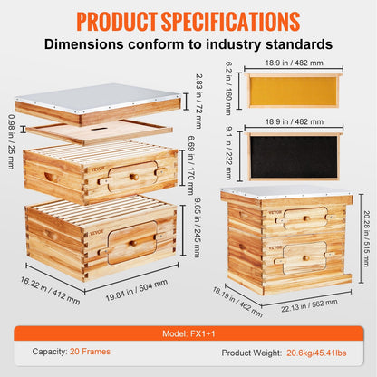 Cedar Wood Beehive Kit with 20 Frames, Wax Coated, for Beginners & Pros