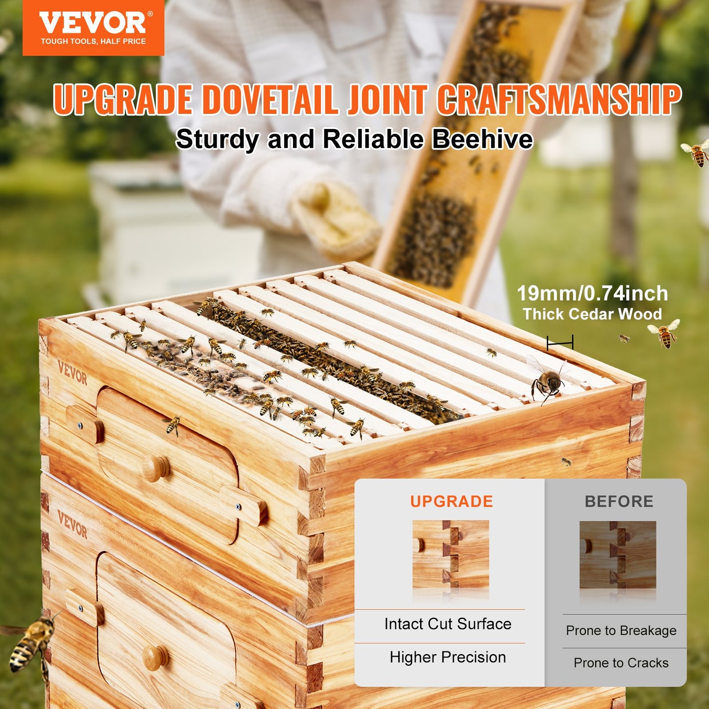 VEVOR Bee Hive 30 Frame Bee Hives Starter Kit, Beeswax Coated Cedar Wood, 2 Deep