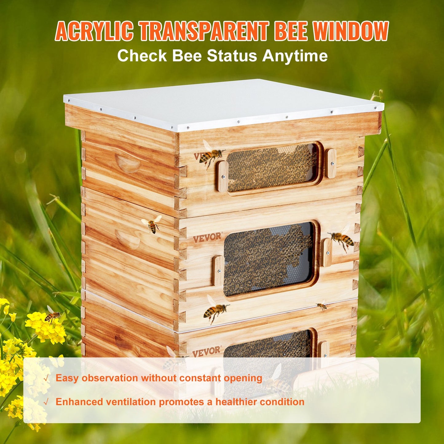 VEVOR Bee Hive 30 Frame Bee Hives Starter Kit, Beeswax Coated Cedar Wood, 2 Deep