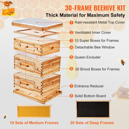 30-Frame Cedar Beehive Kit with Acrylic Windows & Foundations, 25 kg