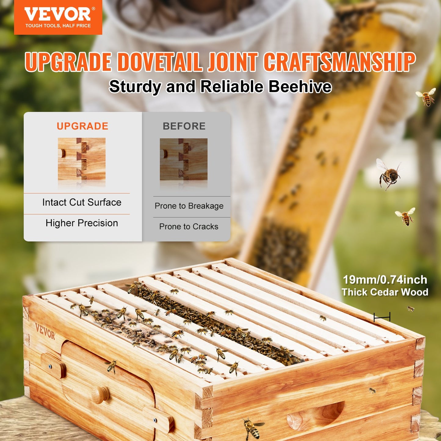 VEVOR Bee Hive Medium Box Starter Kit, 100% Beeswax Coated Natural Cedar Wood, Langstroth