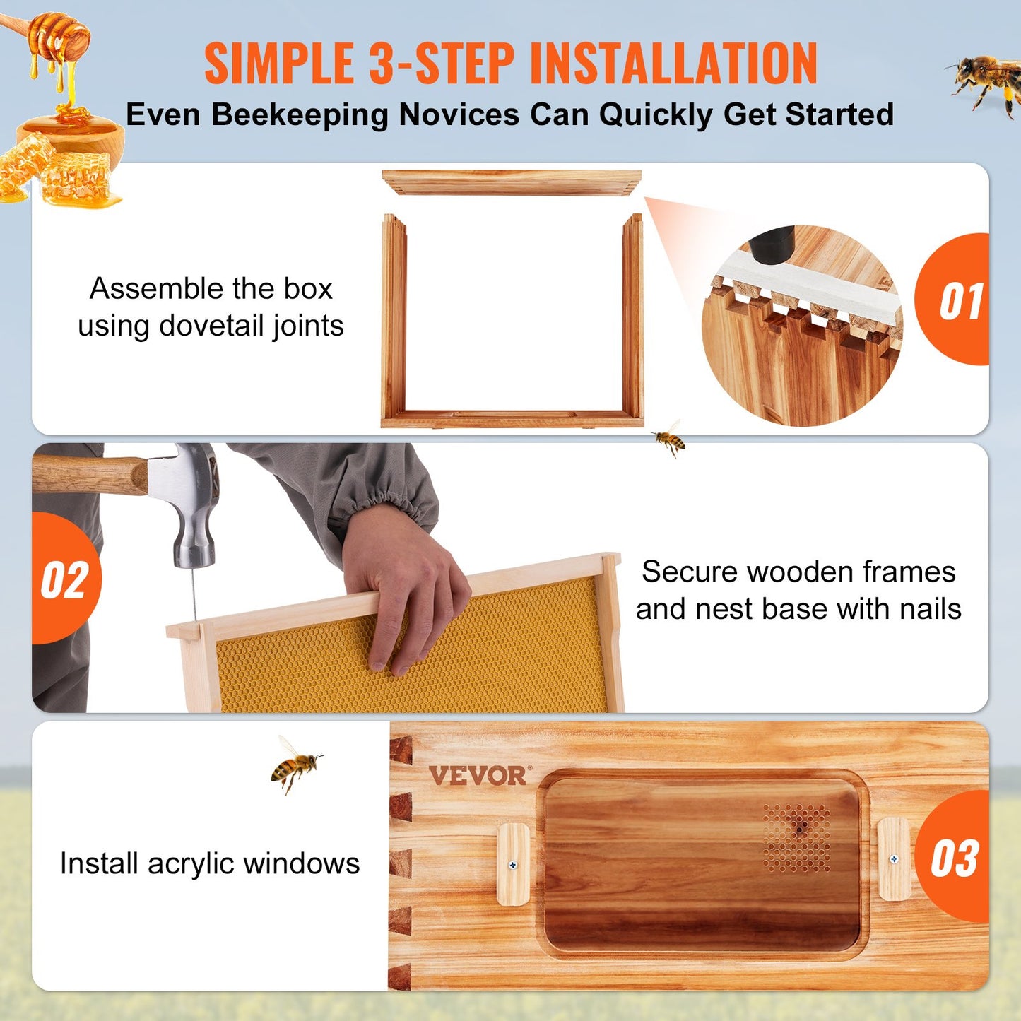 VEVOR Bee Hive Medium Box Starter Kit, 100% Beeswax Coated Natural Cedar Wood, Langstroth