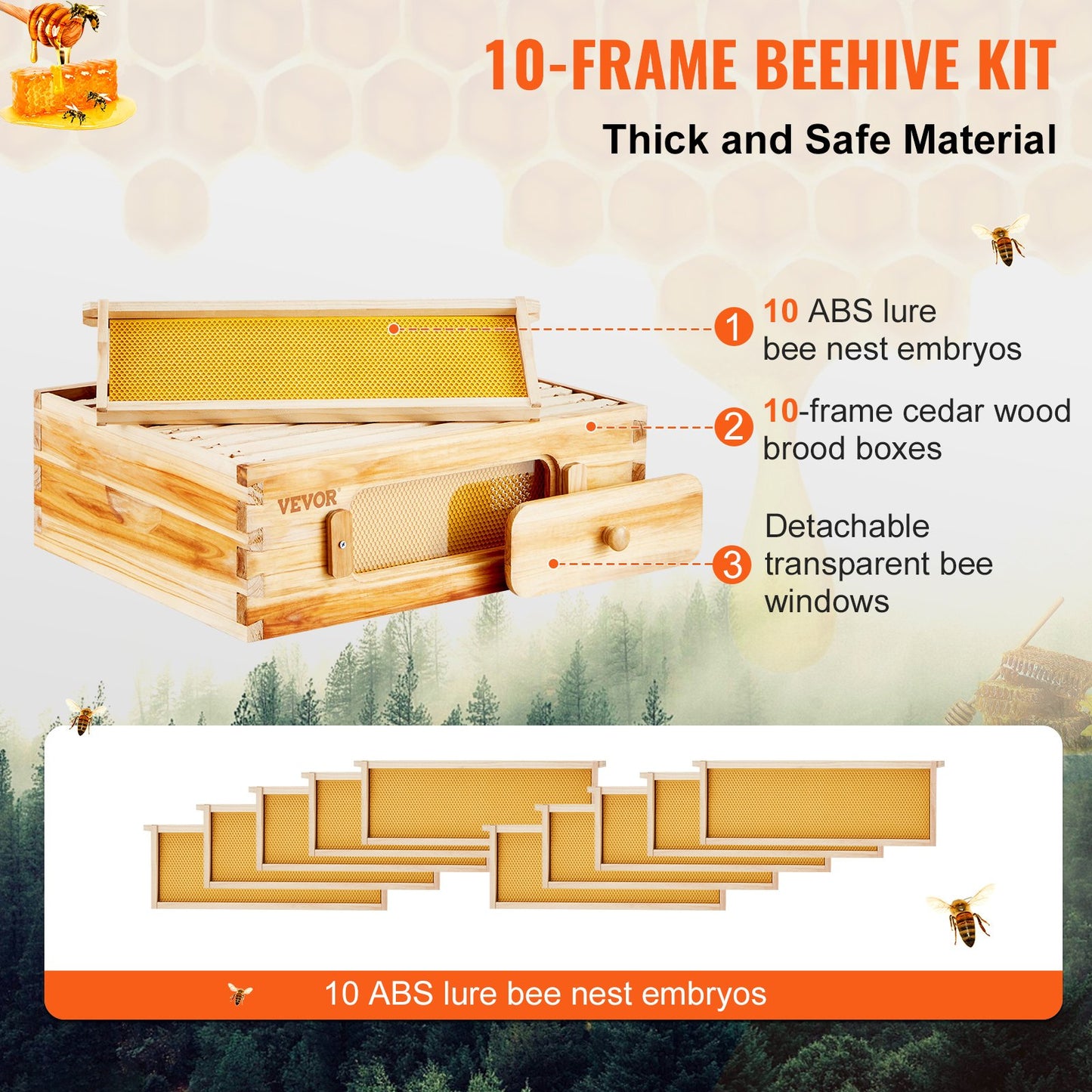 VEVOR Bee Hive Medium Box Starter Kit, 100% Beeswax Coated Natural Cedar Wood, Langstroth