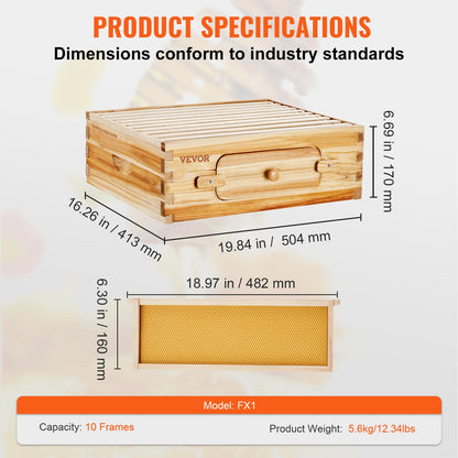 VEVOR Bee Hive Medium Box Starter Kit, 100% Beeswax Coated Natural Cedar Wood, Langstroth