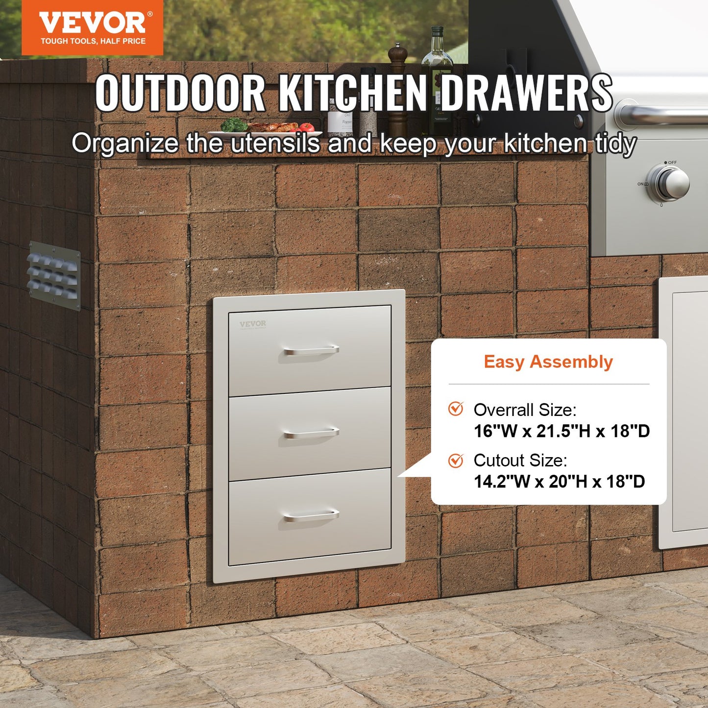 VEVOR Outdoor Kitchen Drawers, Flush Mount Triple Access BBQ Drawers with Stainless