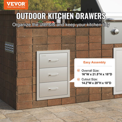 VEVOR Outdoor Kitchen Drawers, Flush Mount Triple Access BBQ Drawers with Stainless