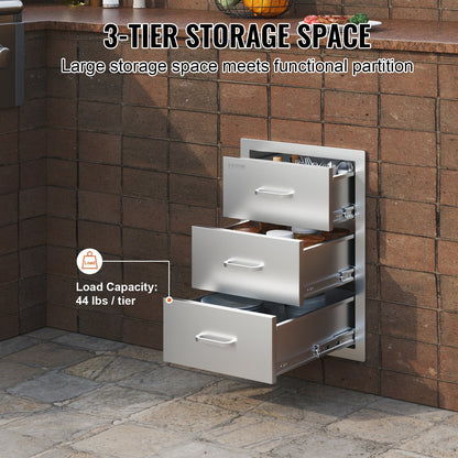 Triple Access Outdoor Kitchen Drawers with Stainless Steel Handle, 3-Tier