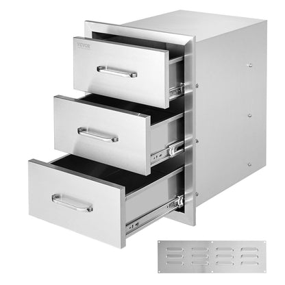 Triple Access Outdoor Kitchen Drawers with Stainless Steel Handle, 3-Tier