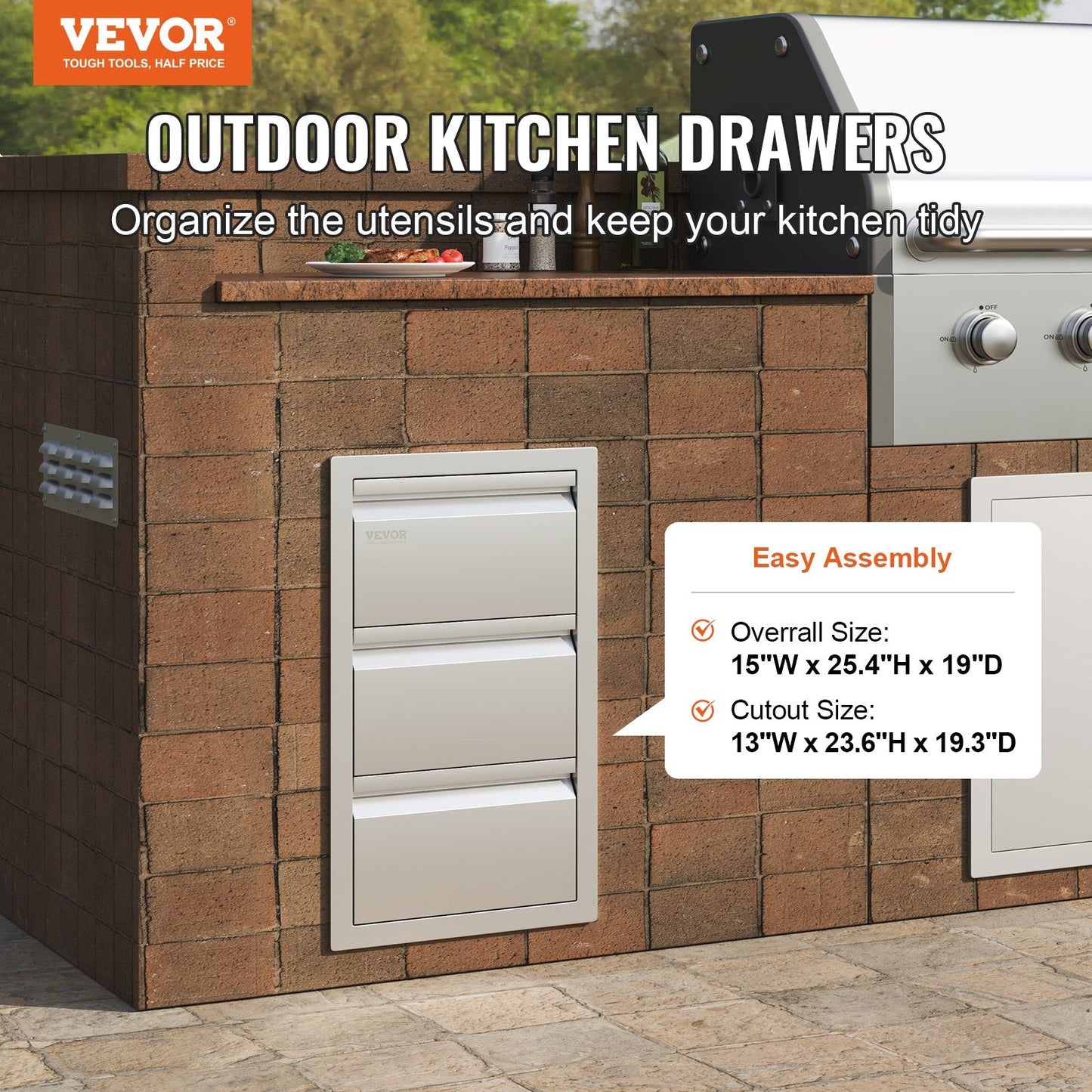 Stainless Steel Outdoor Kitchen Drawers, 0.37m W x 0.65m H x 0.48m D, 3-Tier BBQ Storage