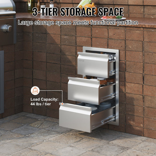 Stainless Steel Outdoor Kitchen Drawers, 0.37m W x 0.65m H x 0.48m D, 3-Tier BBQ Storage