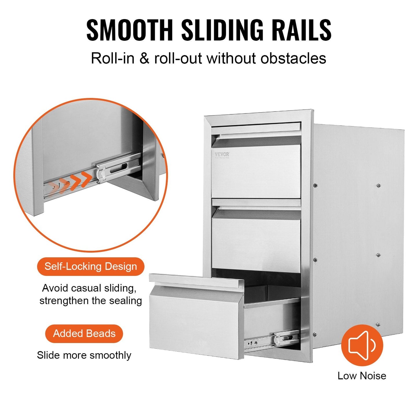 Stainless Steel Outdoor Kitchen Drawers, 0.37m W x 0.65m H x 0.48m D, 3-Tier BBQ Storage