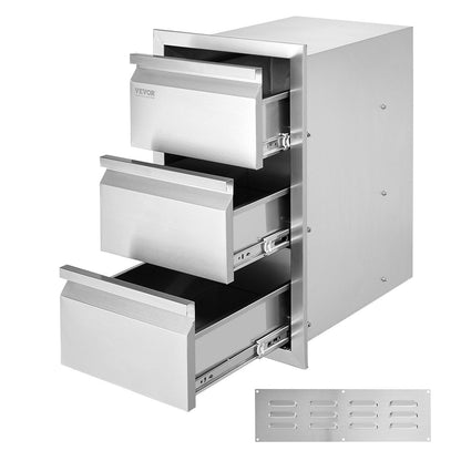 Stainless Steel Outdoor Kitchen Drawers, 0.37m W x 0.65m H x 0.48m D, 3-Tier BBQ Storage