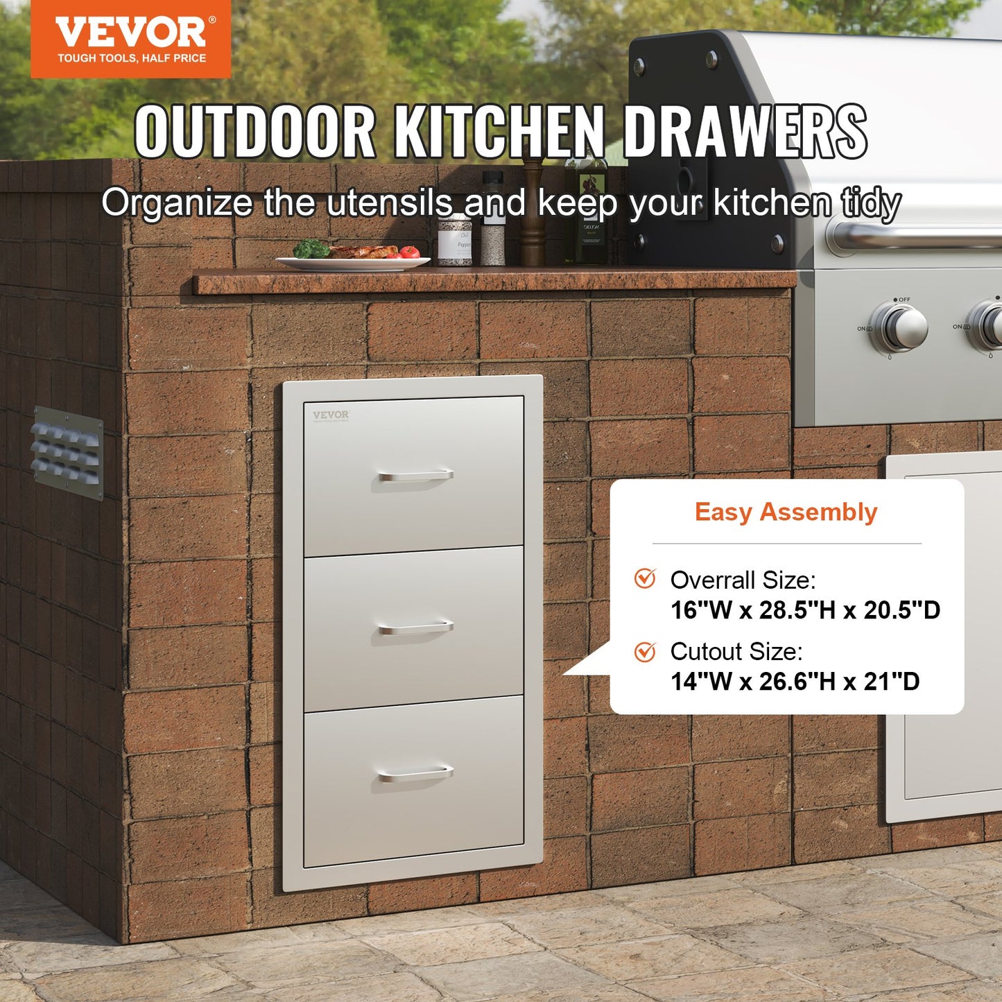 VEVOR Outdoor Kitchen Drawers 16" W x 28.5" H x 20.5" D, Flush Mount Triple Access
