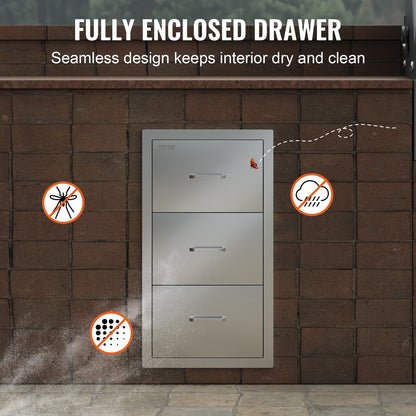 VEVOR Outdoor Kitchen Drawers 16" W x 28.5" H x 20.5" D, Flush Mount Triple Access