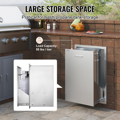Stainless Steel Slide-Out Trash Drawer with Bag Ring for BBQ Island, 50x67cm