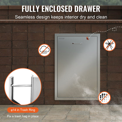 Stainless Steel Slide-Out Trash Drawer with Bag Ring for BBQ Island, 50x67cm