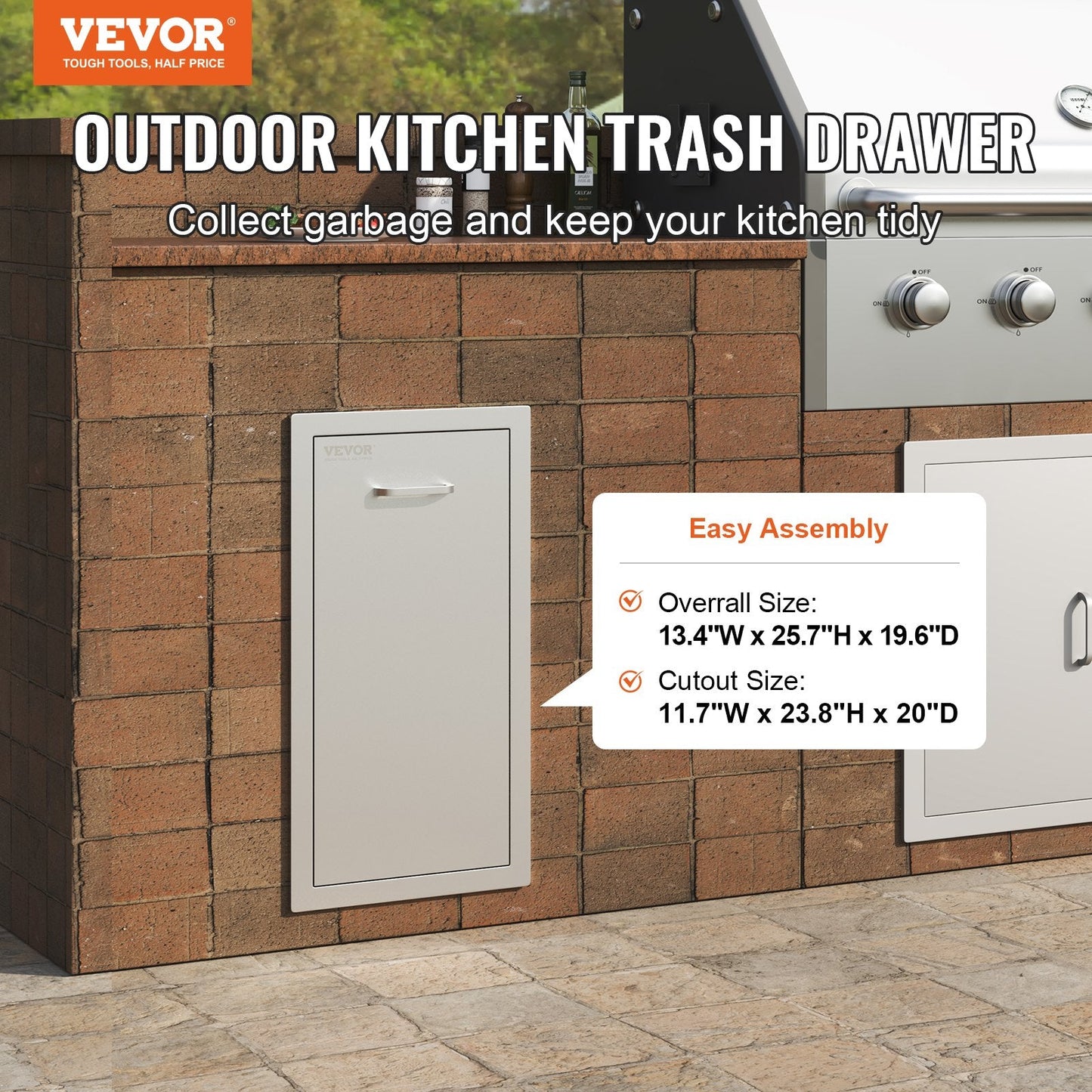 Stainless Steel Outdoor Pull-Out Trash Bin Drawer with Smooth Sliding Rails