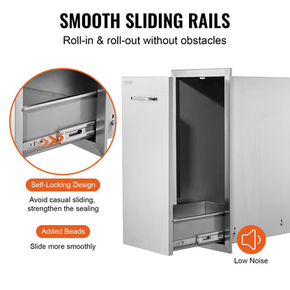 Stainless Steel Outdoor Pull-Out Trash Bin Drawer with Smooth Sliding Rails