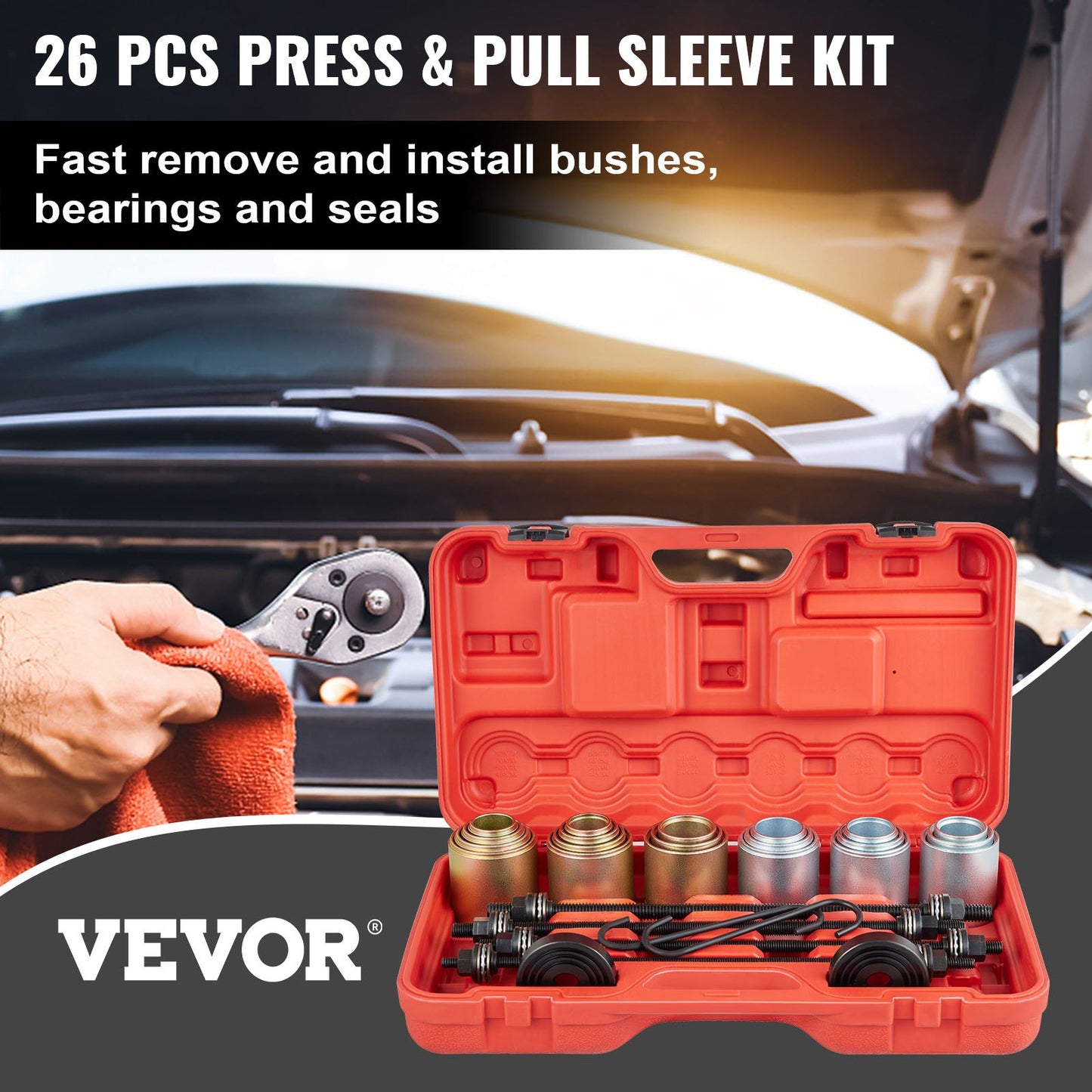 VEVOR 26 PCS Pull and Press Sleeve Kit, 45# Steel Removal Installation Bushes Bearings