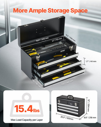 VEVOR Tool Box 520 mm Portable Metal Tool Box with 3 Drawers Tool Organizer
