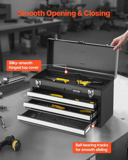 VEVOR Tool Box 520 mm Portable Metal Tool Box with 3 Drawers Tool Organizer
